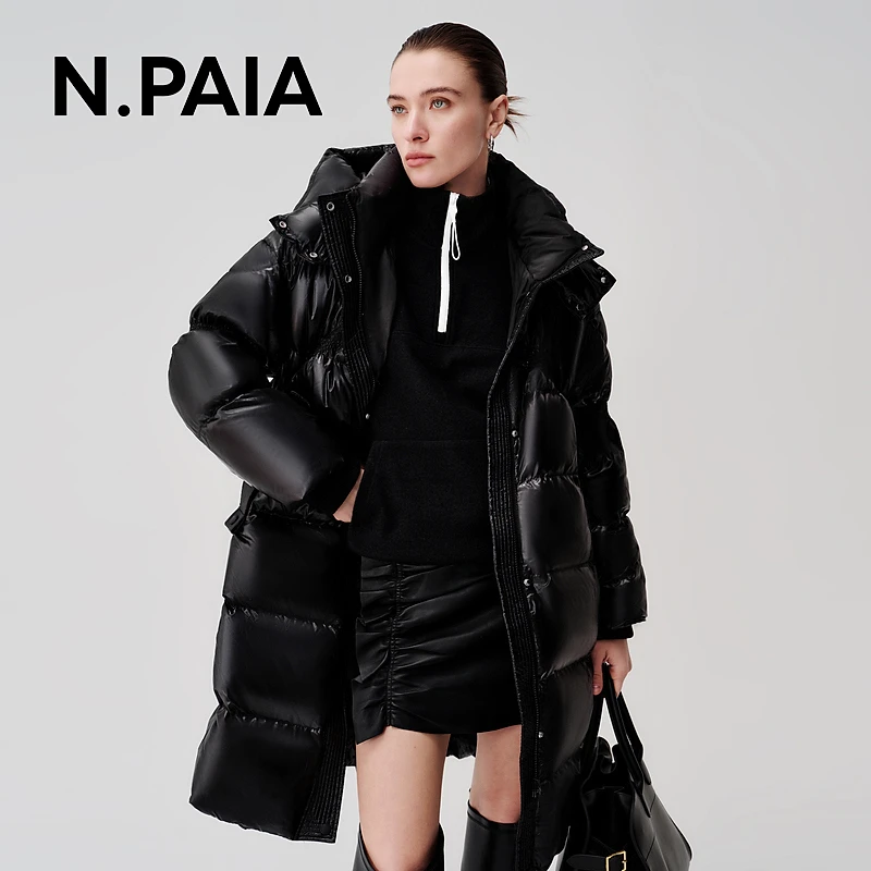 恩派雅24秋新款松花江白鸭绒包裹式连帽立领长款羽绒服XNJIAY293A