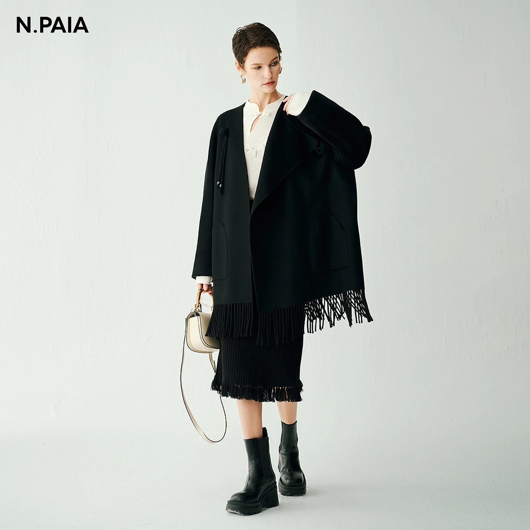 恩派雅2024秋新款不对称翻领流苏新中式扭结毛呢外套女XNJAW8202A