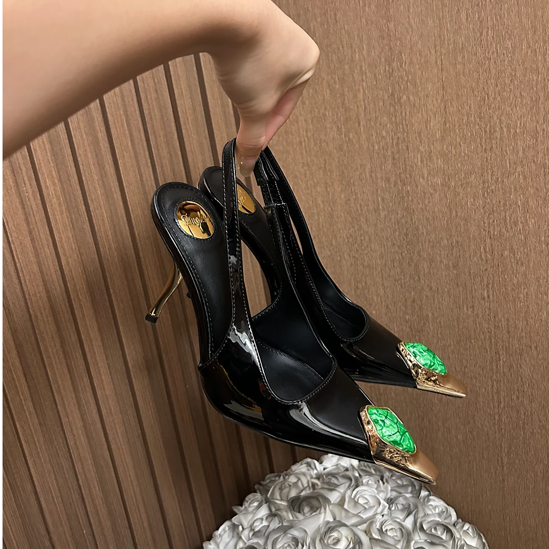 杨树林同款高跟鞋2025早春新款宝石后空包头凉鞋御姐黑色浅口单鞋