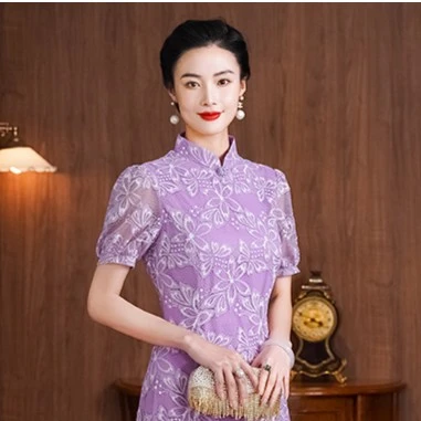 巧祺紫色蕾丝旗袍复古夏季结婚妈妈婆婆婚宴礼服连衣裙高贵洋气女