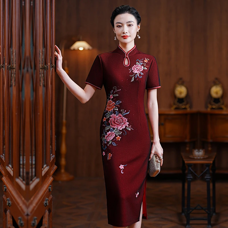 巧祺2023夏季喜婆婆婚宴装旗袍刺绣长款高端复古气质中式连衣裙女