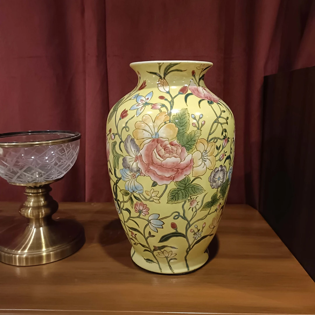 手工新中式玄关手绘龙纹双耳珐琅彩描金书房缠枝摆件花瓶工艺品