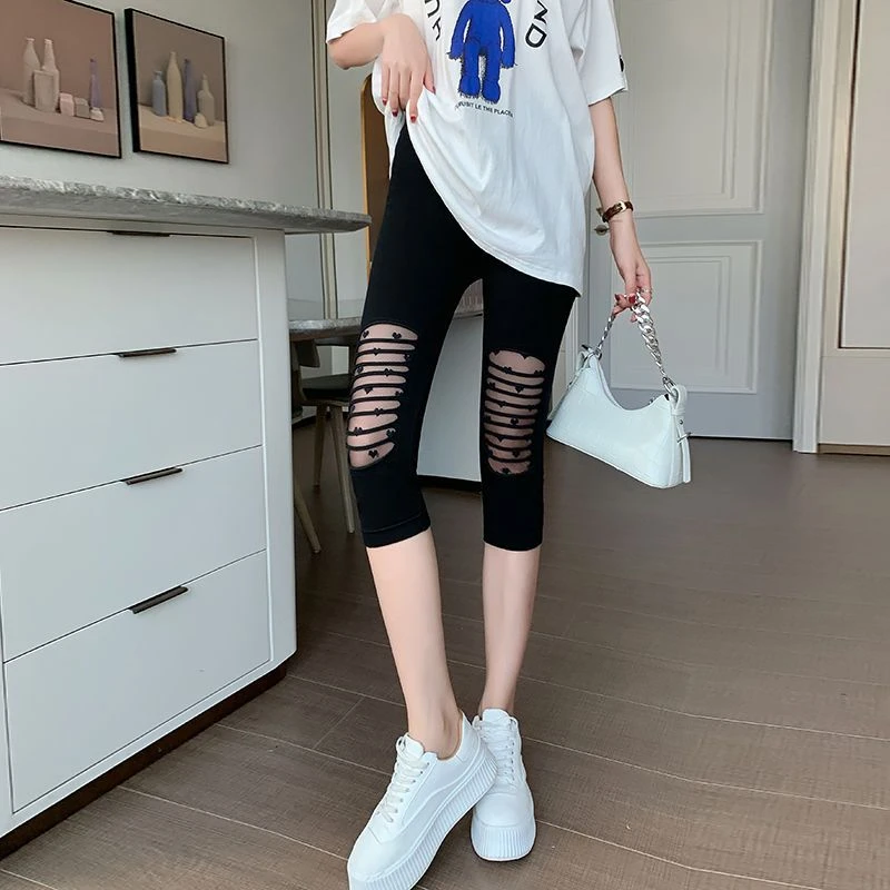 夏季薄高腰网纱显瘦打底裤女外穿7分裤弹力大码收腹修身百搭中裤