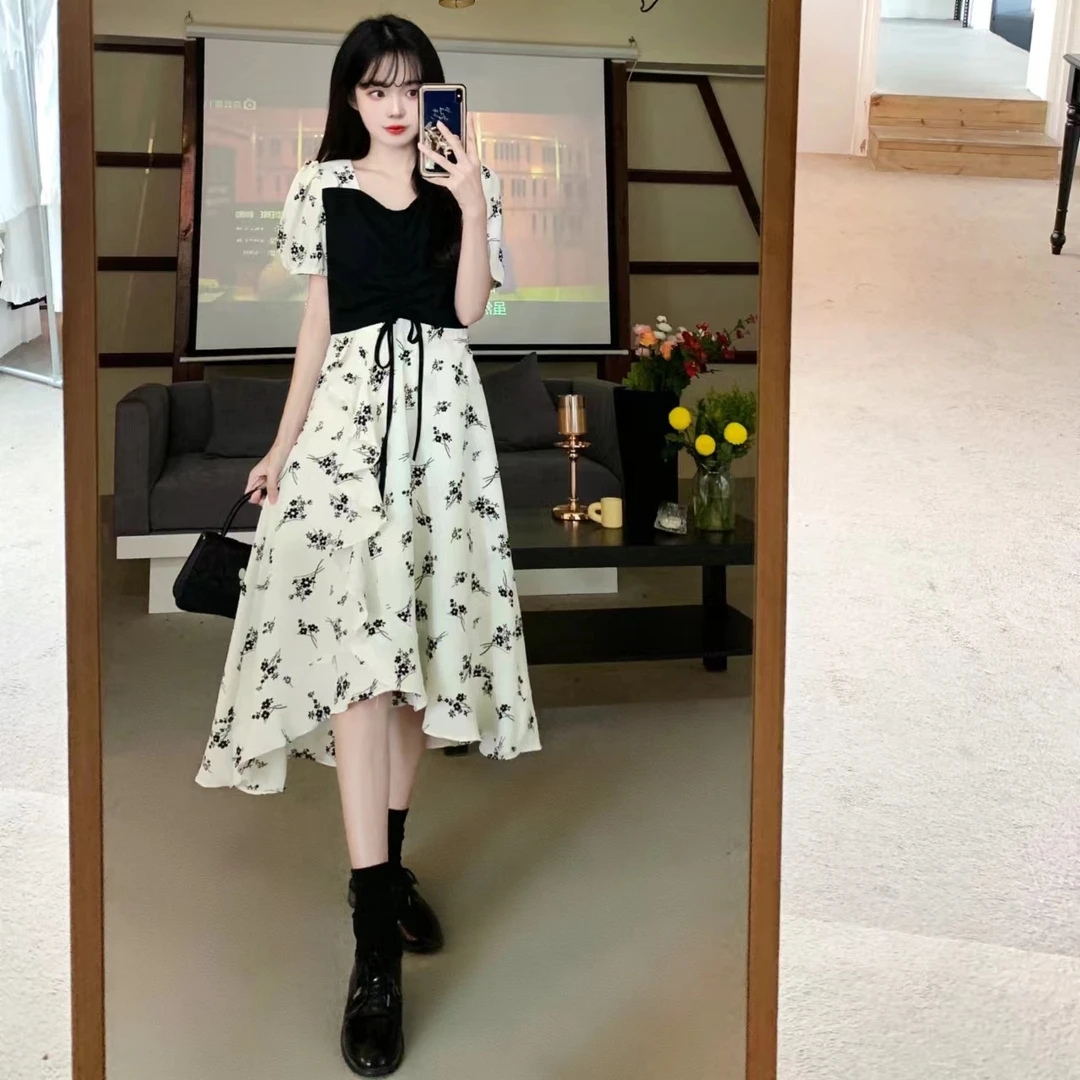 QIDAI【风信子】初夏成人法式复古微胖拼接碎花显瘦收腰连衣裙夏女