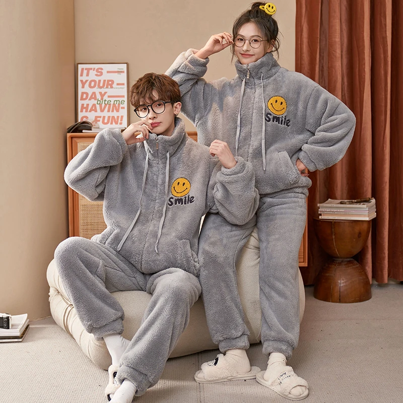 情侣睡衣女秋冬季加厚加绒珊瑚绒保暖家居服秋冬男款可外穿套装