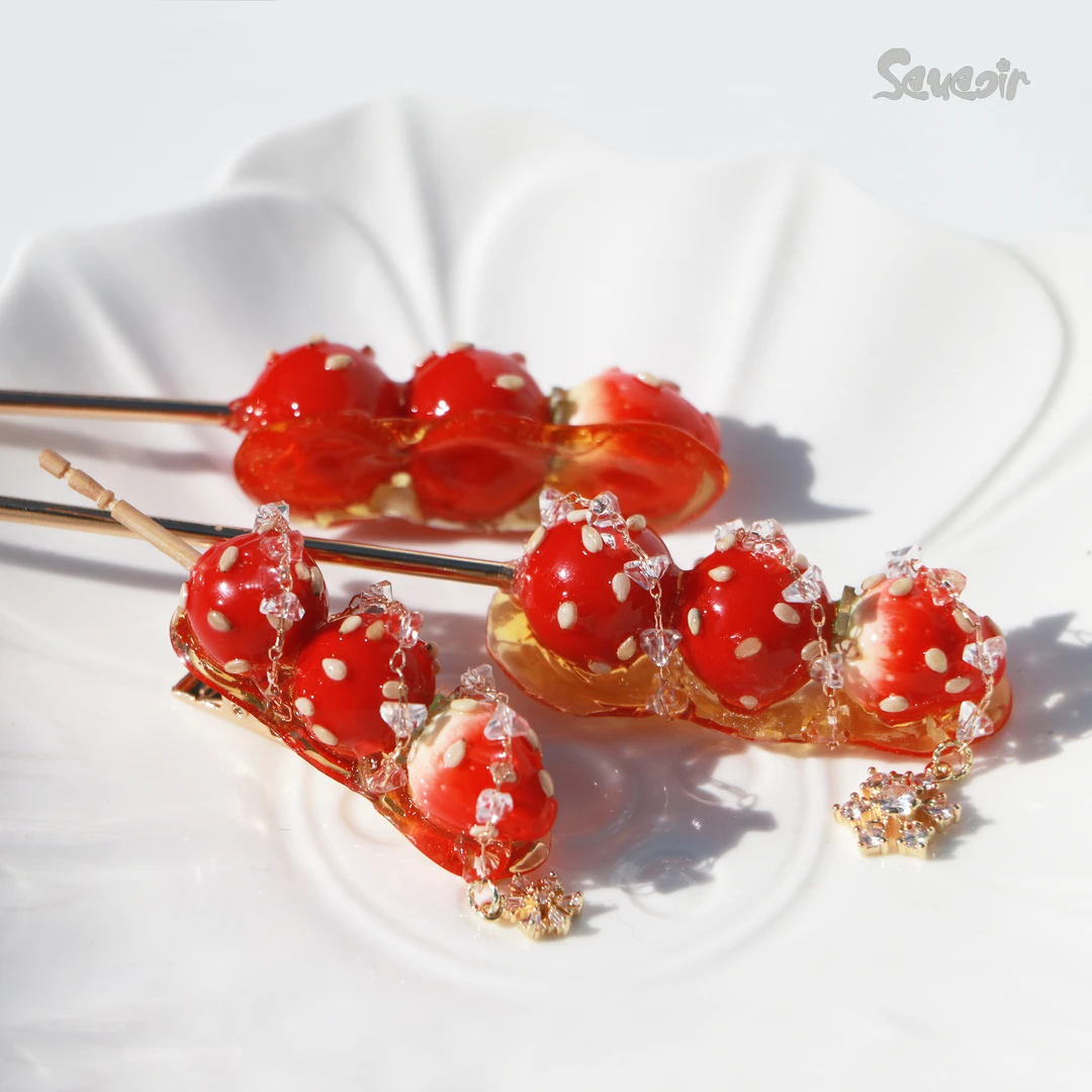 草莓糖葫芦发夹原创设计浆果神棍簪子儿童国风创意胸针红色发饰