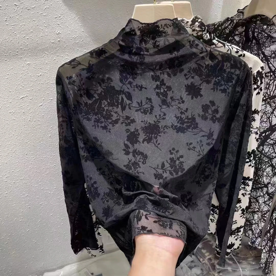 植绒长袖镂空打底网衫