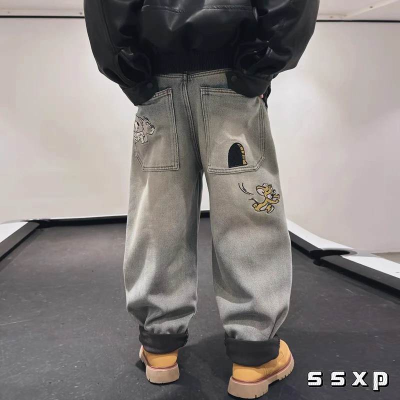 男童一体绒牛仔裤冬季2024新款宽松柔软中大童休闲外穿加厚秋冬款