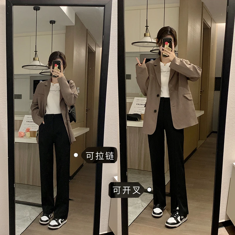 前开叉裤子女秋季新款高腰阔腿垂感休闲显瘦小个子西装拖地直筒裤