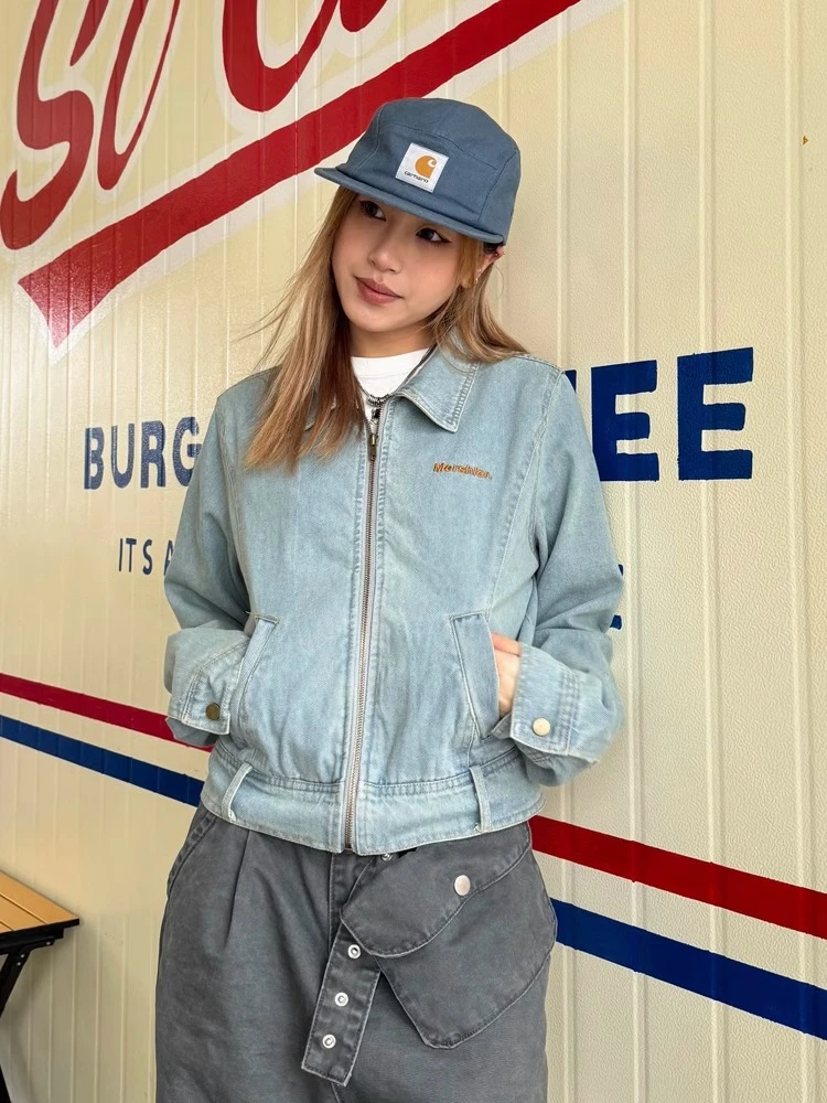 美式复古水洗辣妹做旧正肩牛仔外套男女拉链宽松刺绣上衣ins潮牌