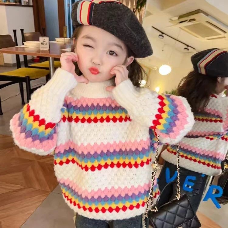 女童毛衣秋冬新款2023洋气女孩儿童中大童加绒加厚针织衫打底6002