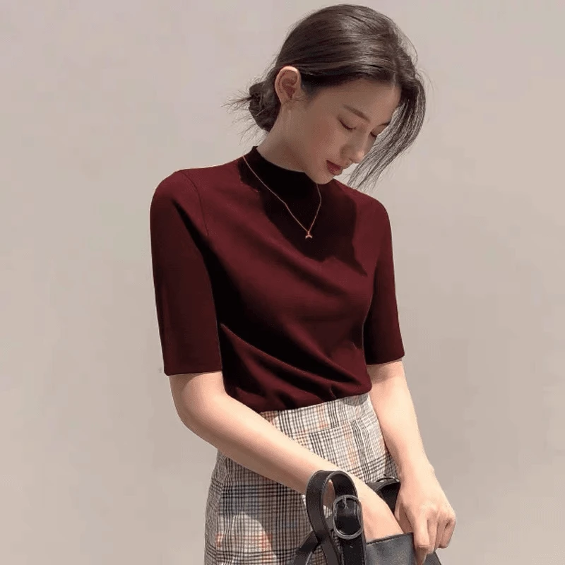 运费补贴~早秋时尚百搭中袖t恤女款洋气上衣轻薄透气纯色打底