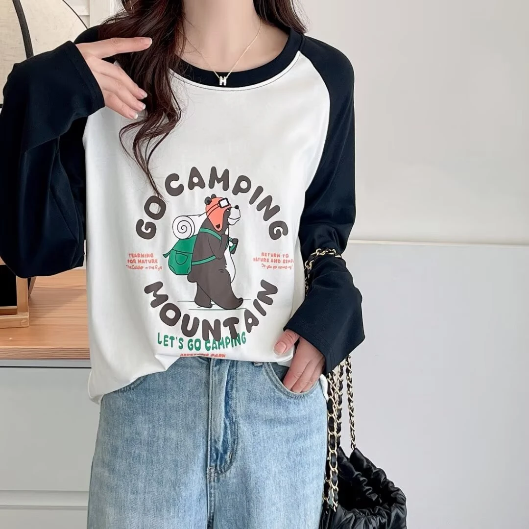 【萨萨BeFirm】微胖大码早秋圆领印花休闲宽松遮肉显瘦T恤200斤可穿