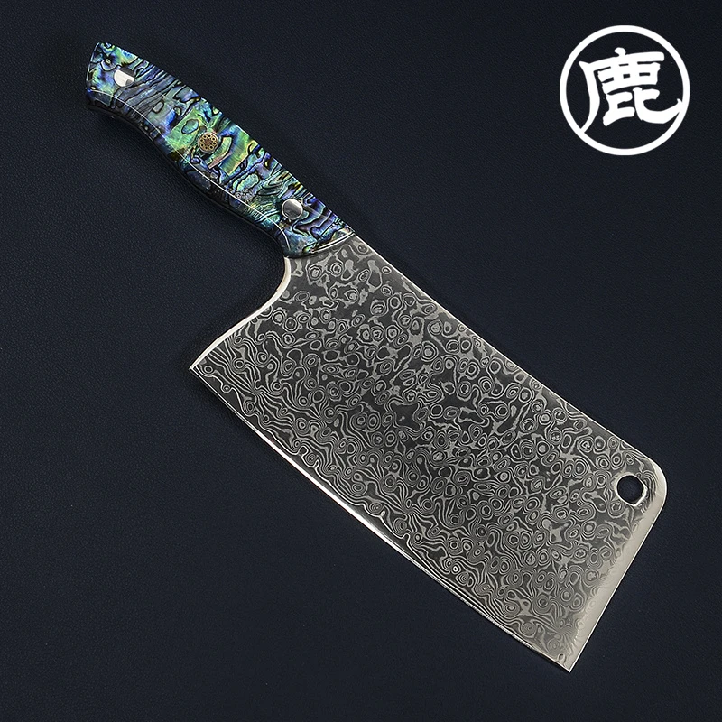 厨房刀67层雨点纹大马士革10Cr15COMoV钢芯鲍贝手柄切菜砍骨刀