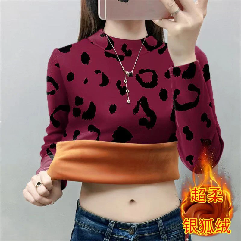 加绒加厚一体绒冬保暖打底衫时尚遮肚子大码体恤内搭长袖T恤上衣