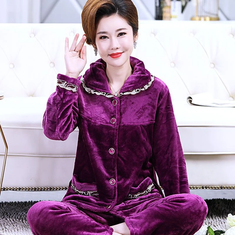 睡衣女冬法兰绒珊瑚绒保暖套装中老年妈妈装韩版加肥加大码家居服
