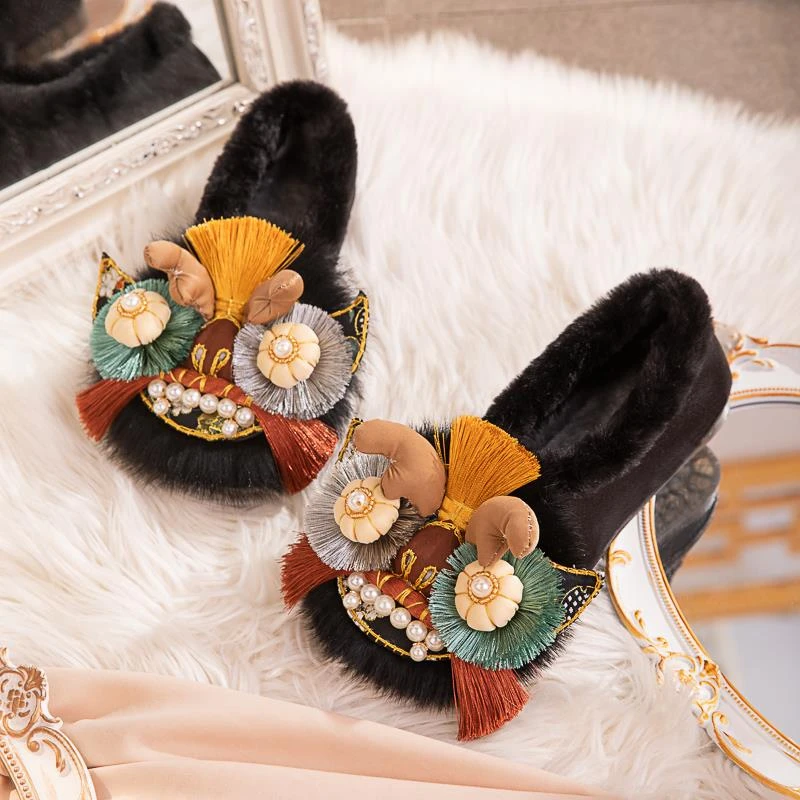 冬季手工虎头鞋成人女加绒平底防滑国风绣花鞋diy材料老北京布鞋