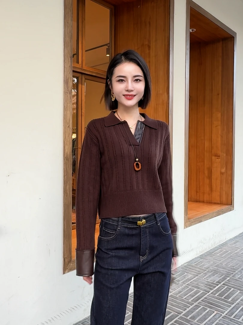 【黄心儿】 Polo领拼皮毛针织衫女套头毛衣---k0005