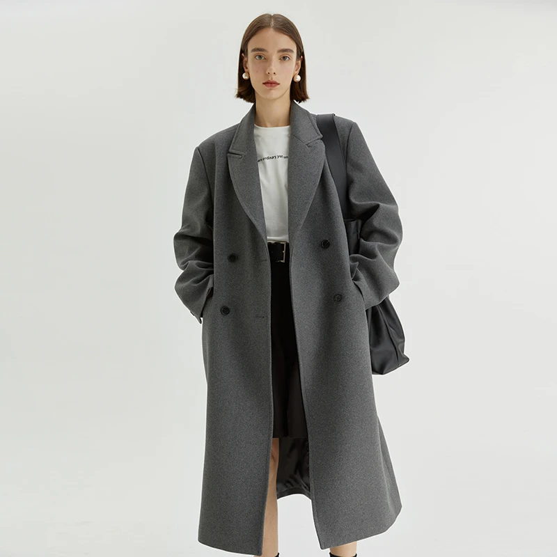 范洛灰色极简翻驳领休闲长款西装毛呢大衣外FD22W026推广