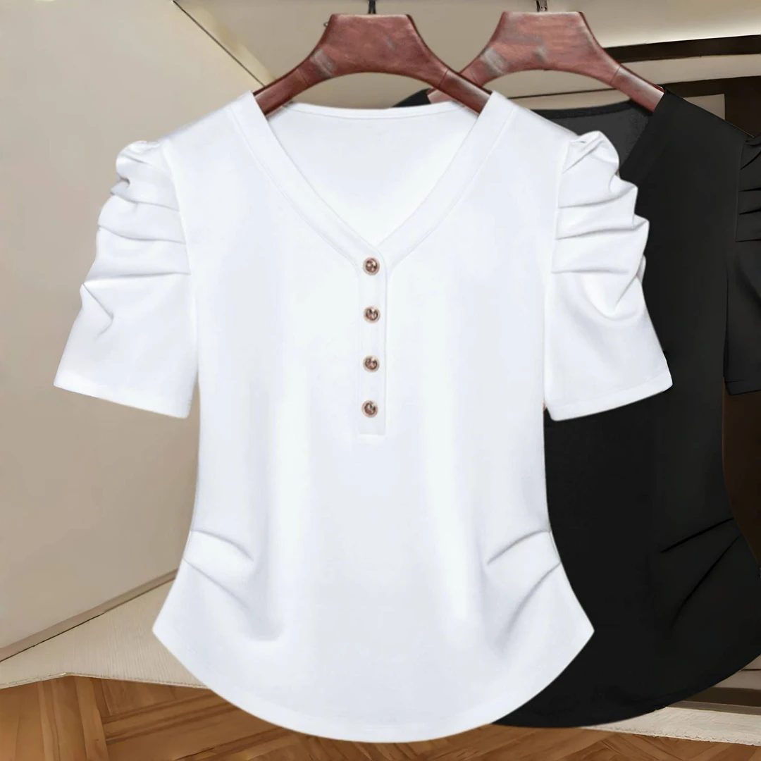 短袖T恤女夏季2025新款爆款年轻妈妈洋气小衫V领气质修身显瘦上衣