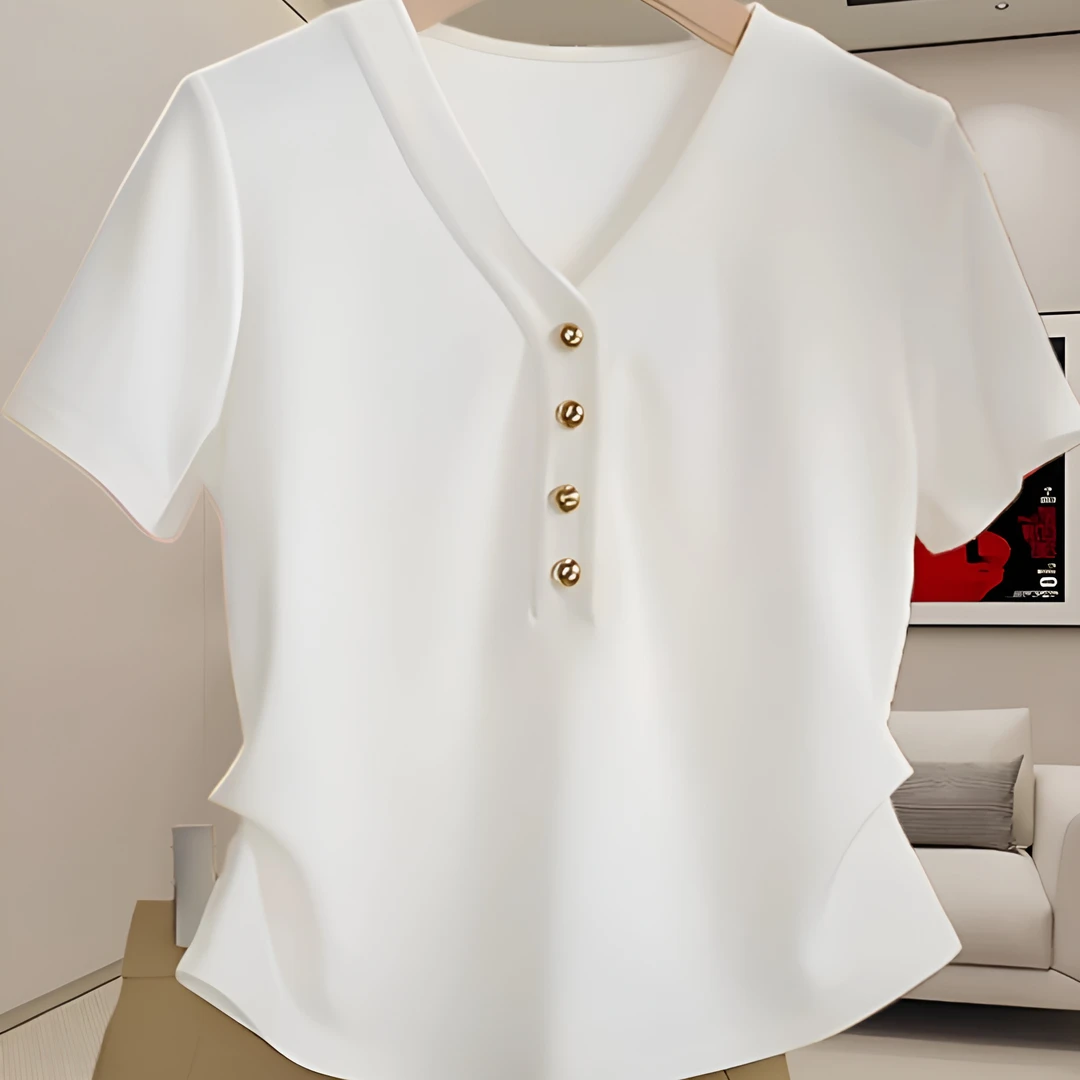 【丹丹专属】白色正肩短袖t恤女2025夏季新款v领收腰洋气上衣8840
