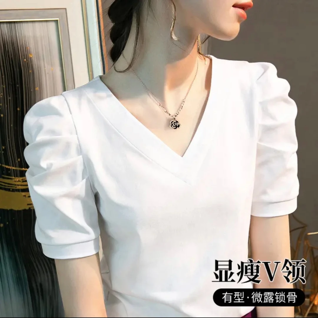 法式V领短袖t恤女2025年夏季新款泡泡袖显瘦别致褶皱半袖上衣