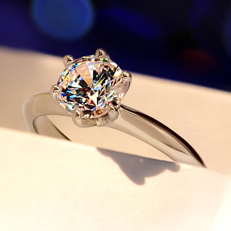 925银莫桑石戒指 纯银莫桑钻戒女款戒指银戒开口戒六爪求婚钻戒