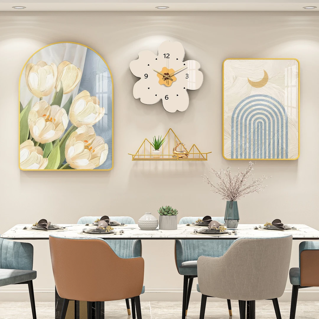爱佳一创餐厅装饰画北欧花朵挂钟饭厅背景墙面组合挂画晶瓷画雕刻