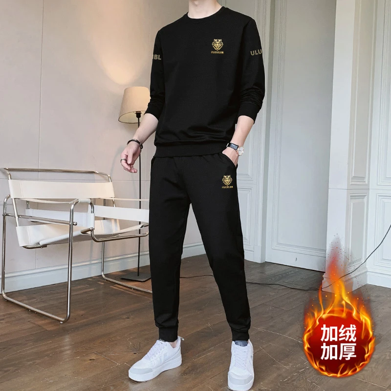加绒保暖男士休闲套装圆领加厚卫衣搭配帅气两件套时尚潮流运动服
