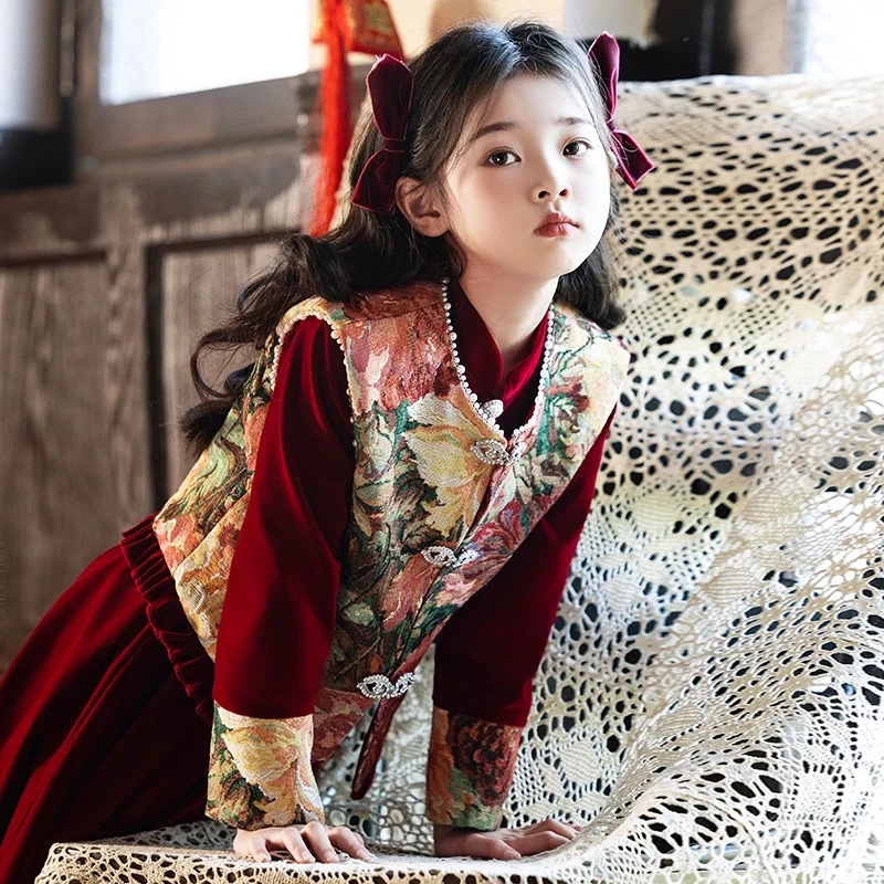 汉服女童2024新款秋冬新中式国风套装唐装儿童过年新年拜年服冬装