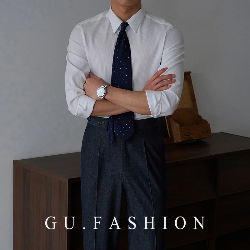 肌理感免烫炕条长袖衬衫男士复古秋季商务通勤上衣易打理修身衬衣