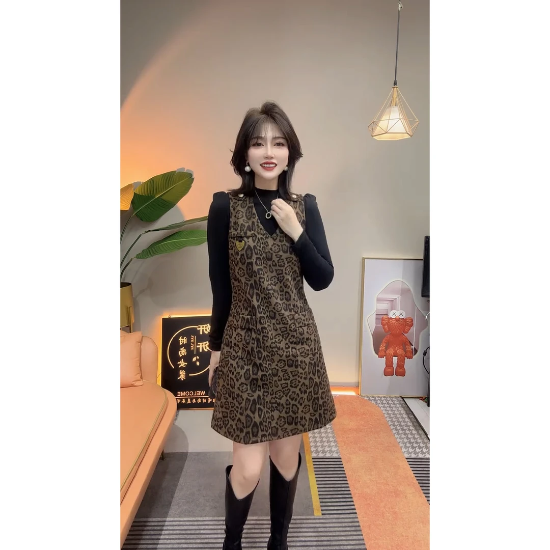 YF 秋冬时尚气质豹纹拼接法式长袖修身显瘦洋气百搭假两件连衣裙