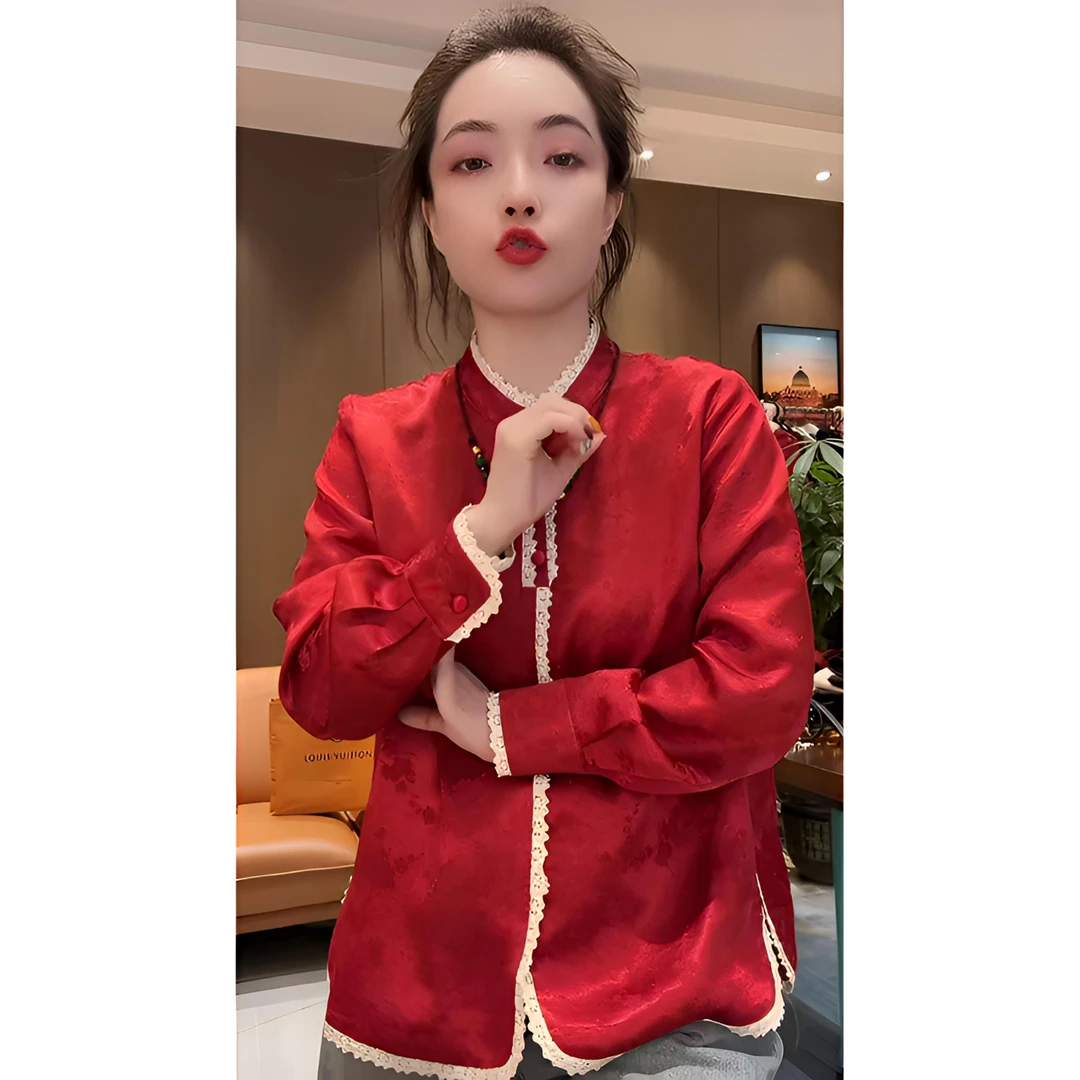 2024时尚百搭复古中国风打底衫宽松显瘦提花蕾丝花边新中式上衣