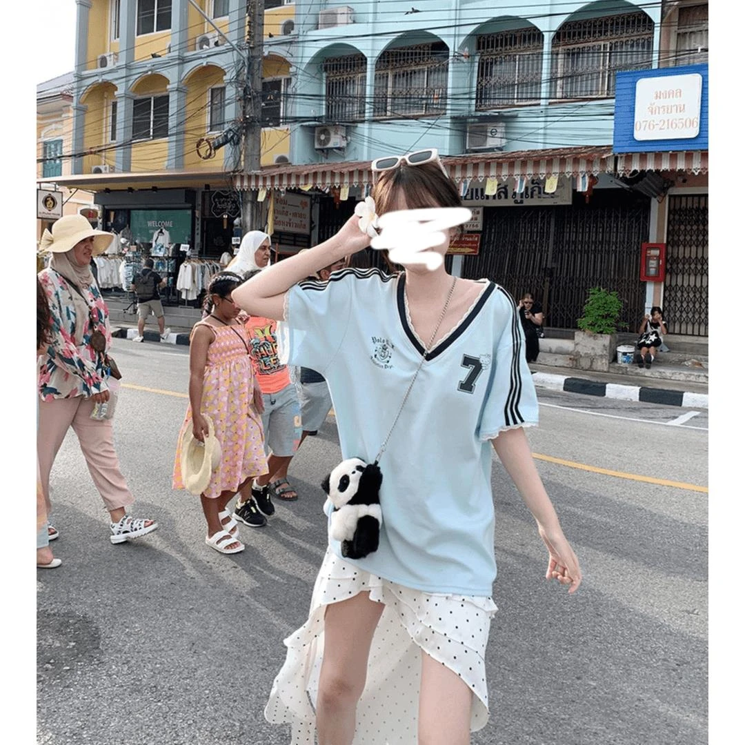 夏季Kitty球衣短袖印花T恤女休闲宽松上衣蕾丝花边V领设计感小众