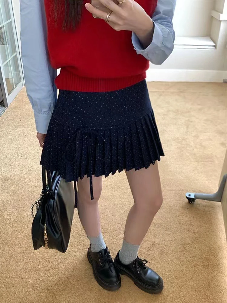 系带波点百褶裙温柔韩系秋冬短裙秋冬显瘦高腰a字半身裙