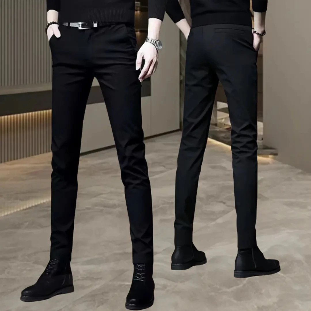 秋冬裤子男士西装休闲裤青年潮流百搭弹力修身加绒加厚黑色小脚裤