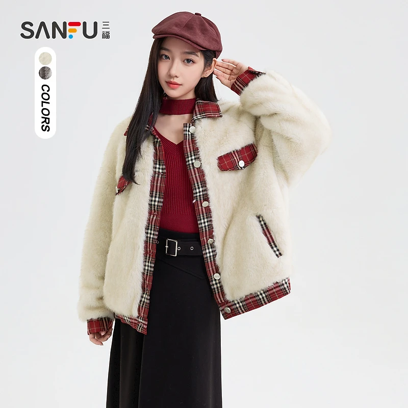 三福厚外套2024冬季格子拼接翻领宽松时尚上衣女装493396