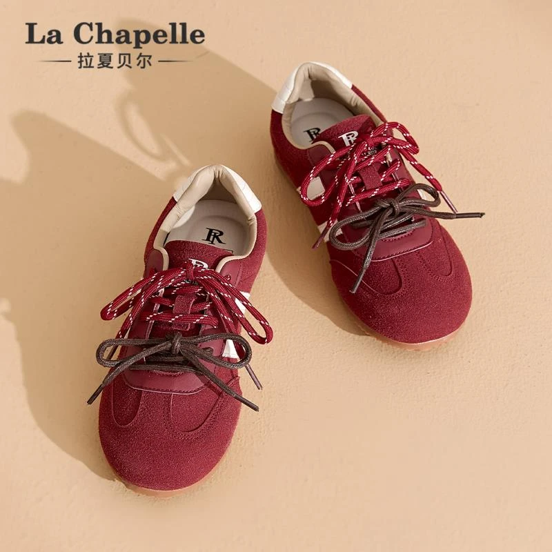 拉夏贝尔复古德训鞋女鞋2025冬季新款红色软底小白鞋休闲运动板鞋