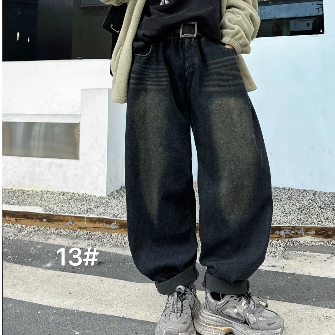 KKB   2024冬季中大童时尚韩版设计后口袋加绒牛仔裤 E13