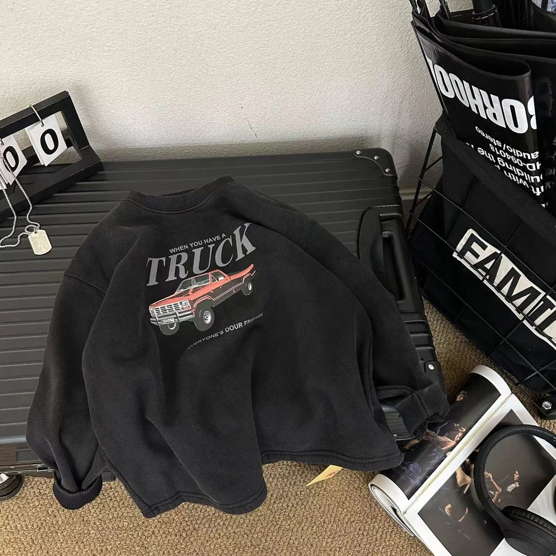 QJ 2024秋季新款休闲印花卡车圆领加绒卫衣 89214