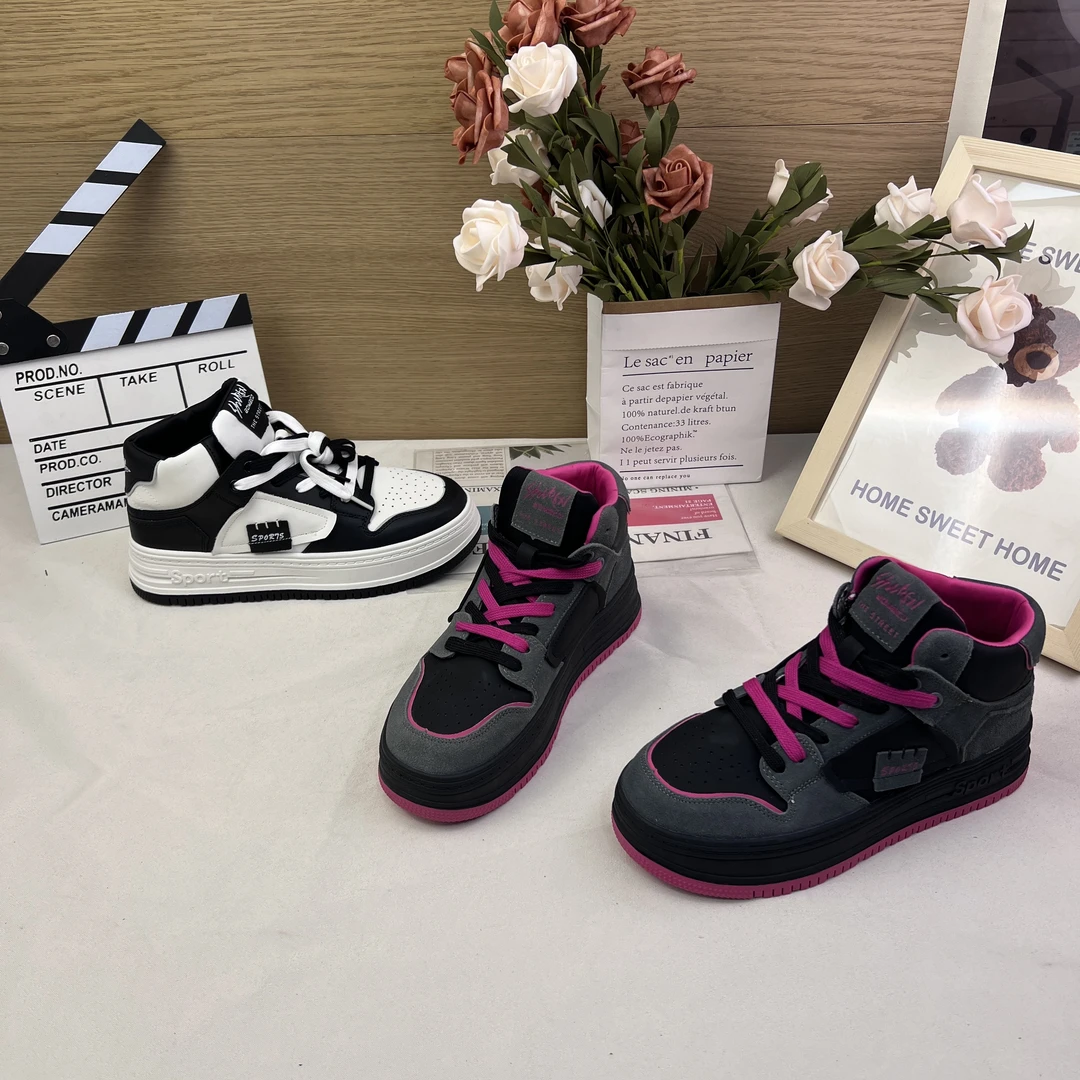 高帮鞋女款拼色厚底板鞋时尚新款女鞋百搭加绒潮流小白鞋601-80