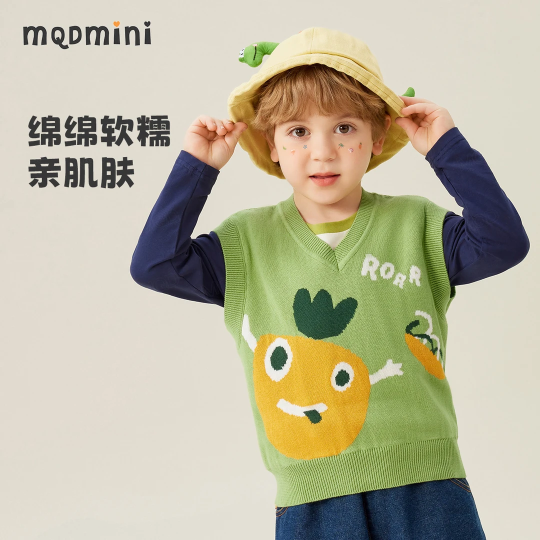 MQDMINI2024秋季上新儿童针织背心百搭印花毛衣马甲男童女童时尚
