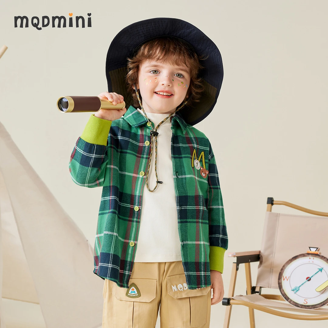 MQDMINI2024秋季上新男童衬衫中小童格纹衬衣翻领长袖外套潮流
