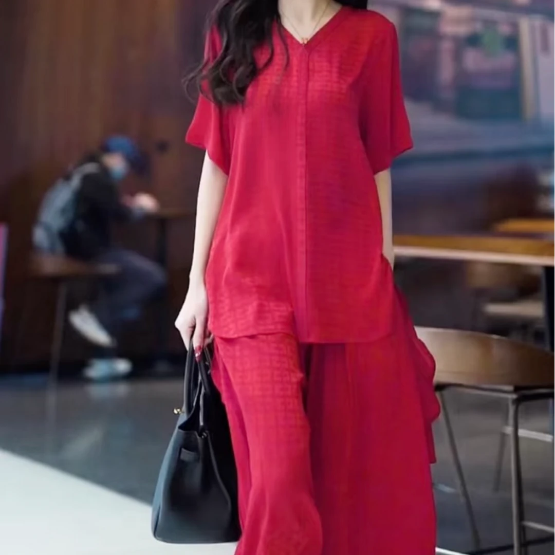 新款大码女装提花V领两件套73981#