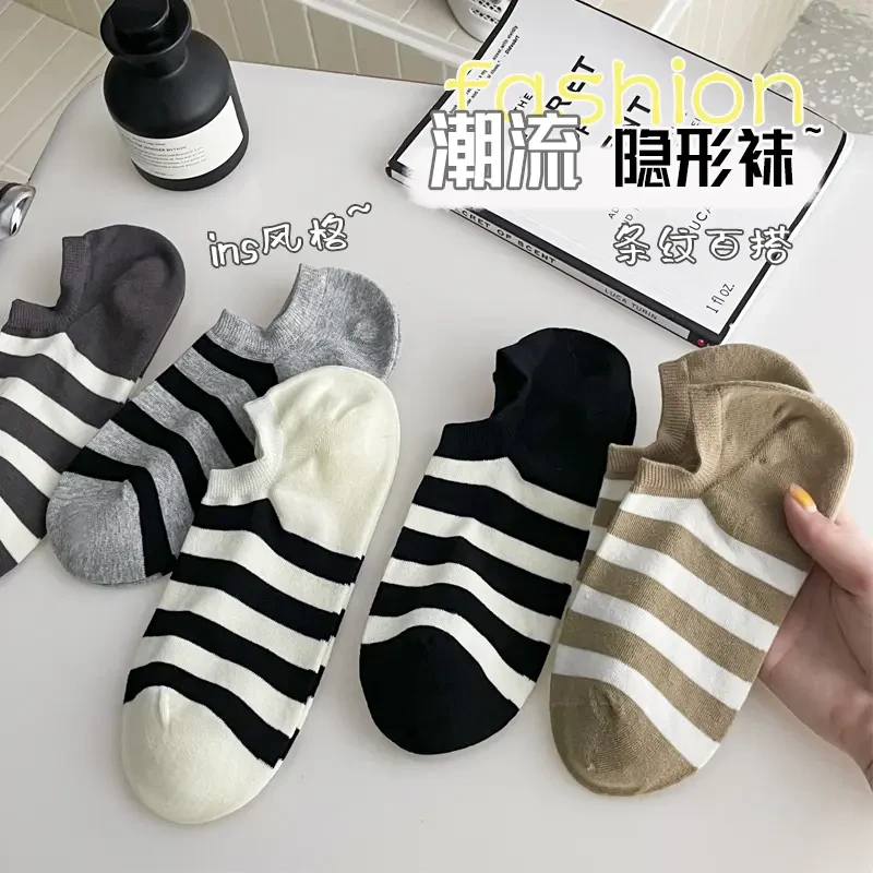 春夏季百搭袜子男士船袜夏款隐形简约春夏薄款运动风条纹短袜浅口