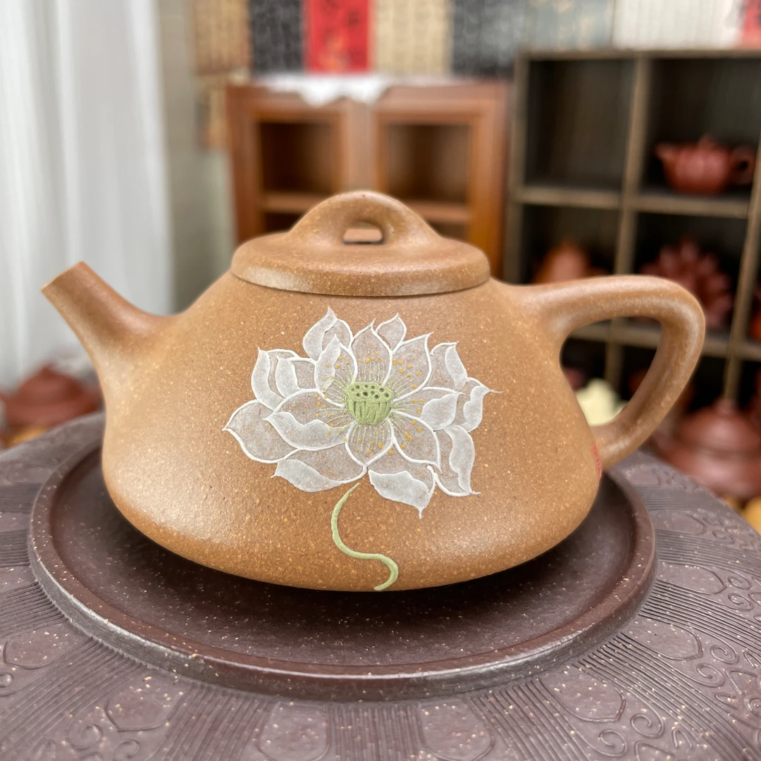 宜兴原矿紫砂壶老段泥子冶石瓢莲花手绘120ml