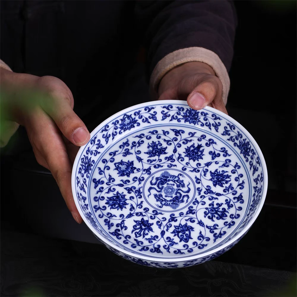 景德镇手工手作高端釉下彩青花瓷缠枝莲陶瓷茶盘壶承果盘