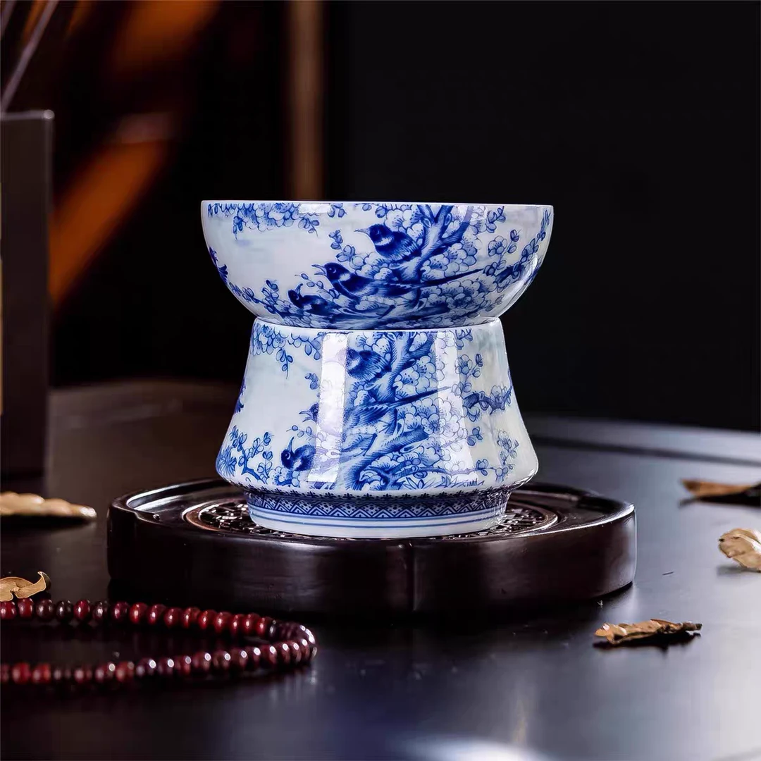 景德镇手工手作釉下青花喜上眉梢陶瓷茶漏120cc