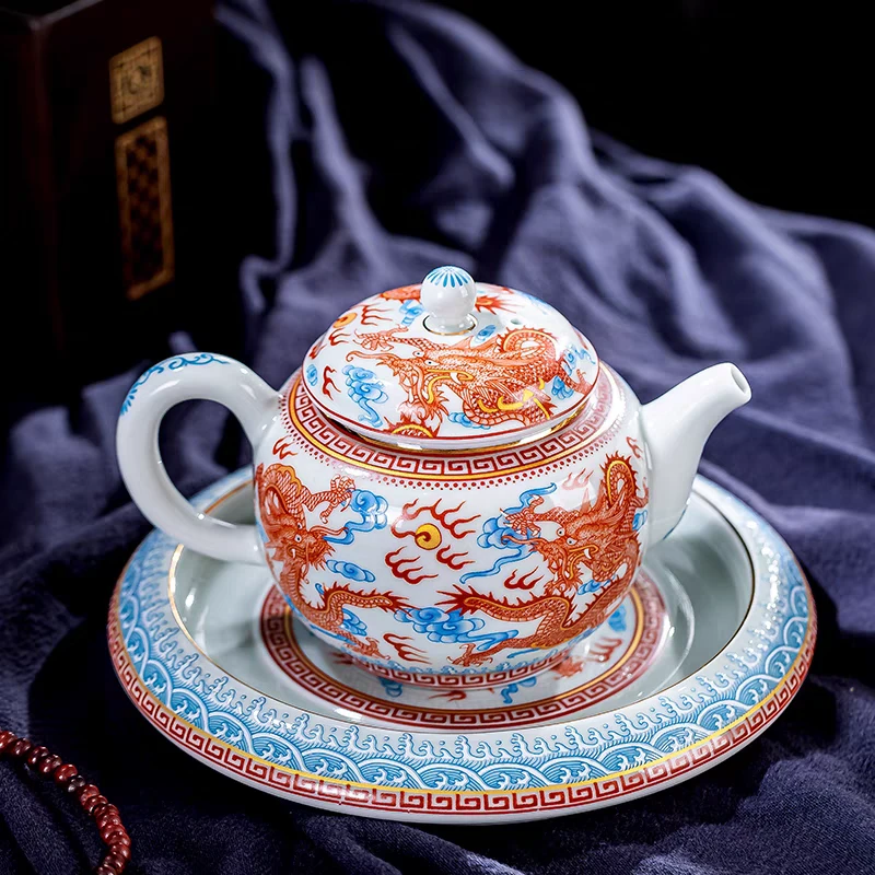 景德镇手工手作高端青花瓷矾红描金九龙陶瓷壶承茶壶套组组合茶具