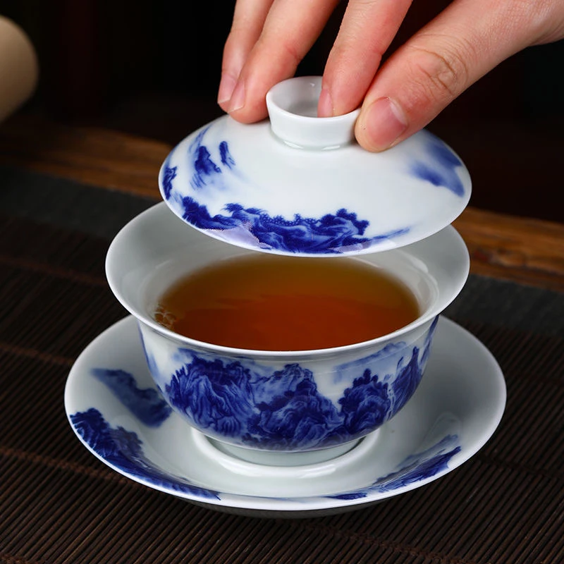 景德镇手工手作青花千里江山陶瓷三才元宝盖碗茶具